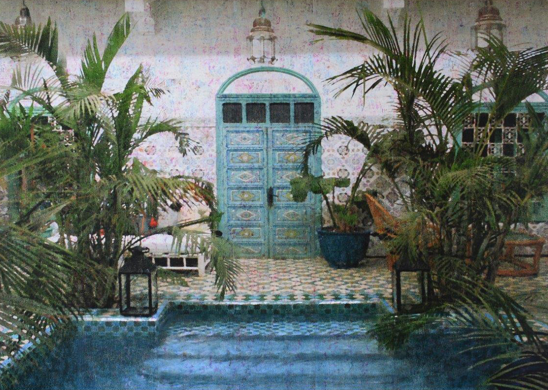 Galerie Schemm, Ralph Petschat, Pool Marrakesh ,100 x 140 cm | Pigmenttinte, Acryl, Papier auf Leinwand | 2021
