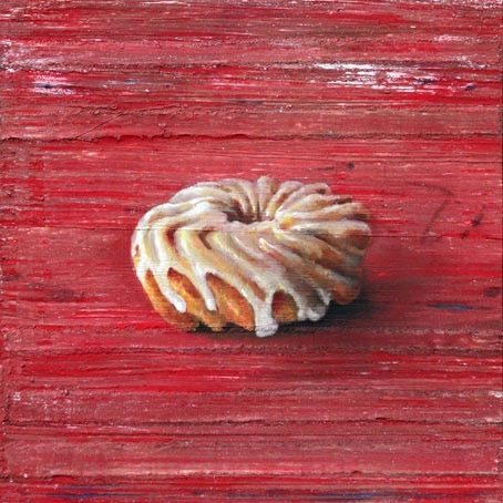 Galerie Schemm, Michael Lauterjung • Kleiner Spritzkuchen auf Rot • Acryl, Lack, Leinwand, Öl auf Holz • 51 x 48 cm • 2018