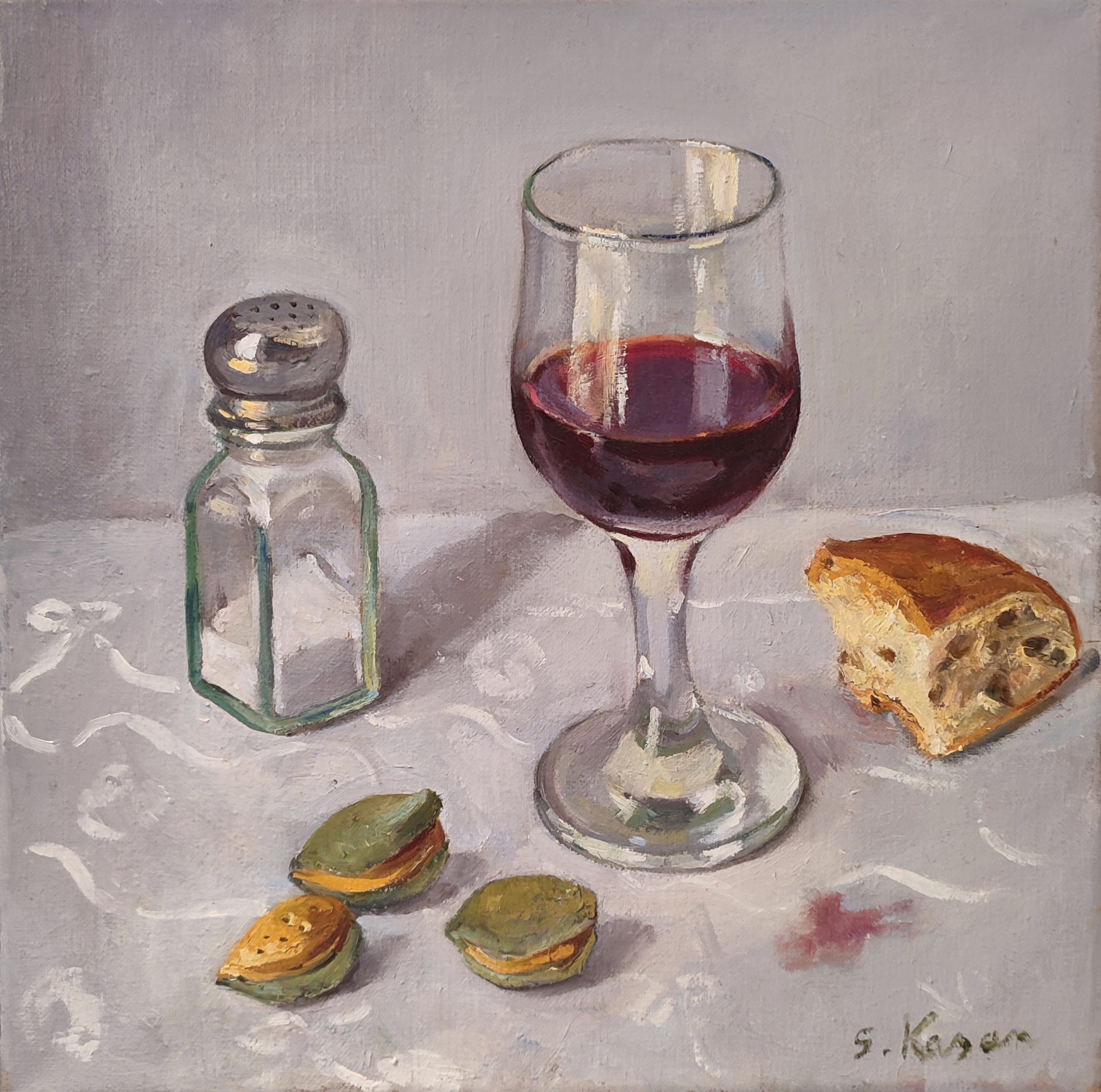 Sabine Kasan Stillleben mit Weinglas • Öl auf Leinwand • 30 x 30 cm