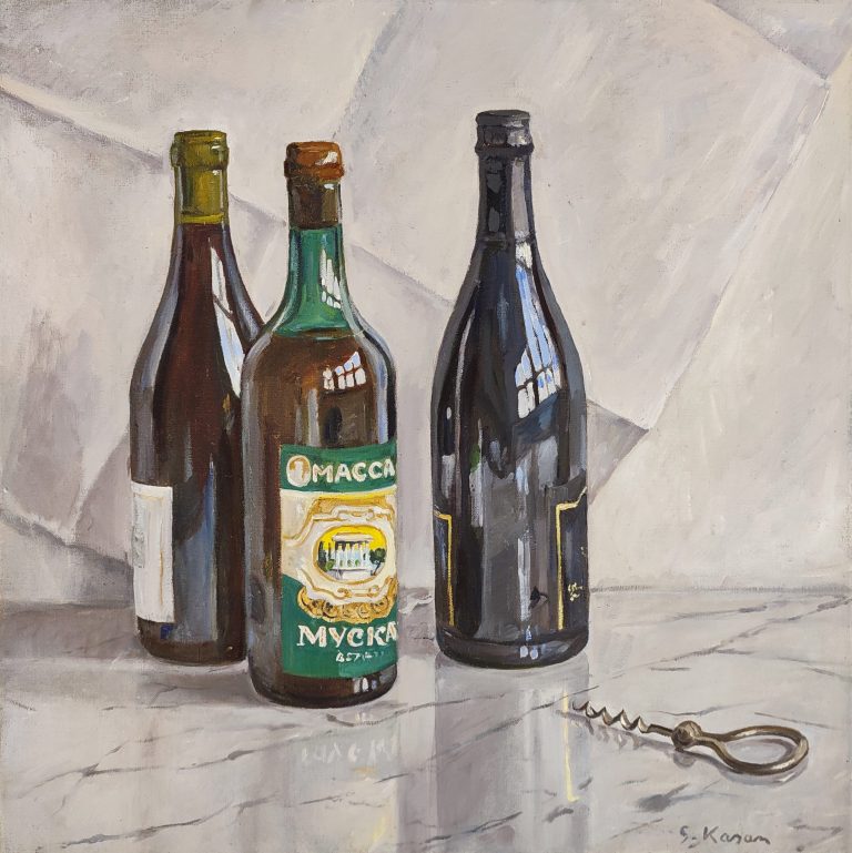 Sabine Kasan Weinflaschen • Öl auf Leinwand • 50 x 50 cm