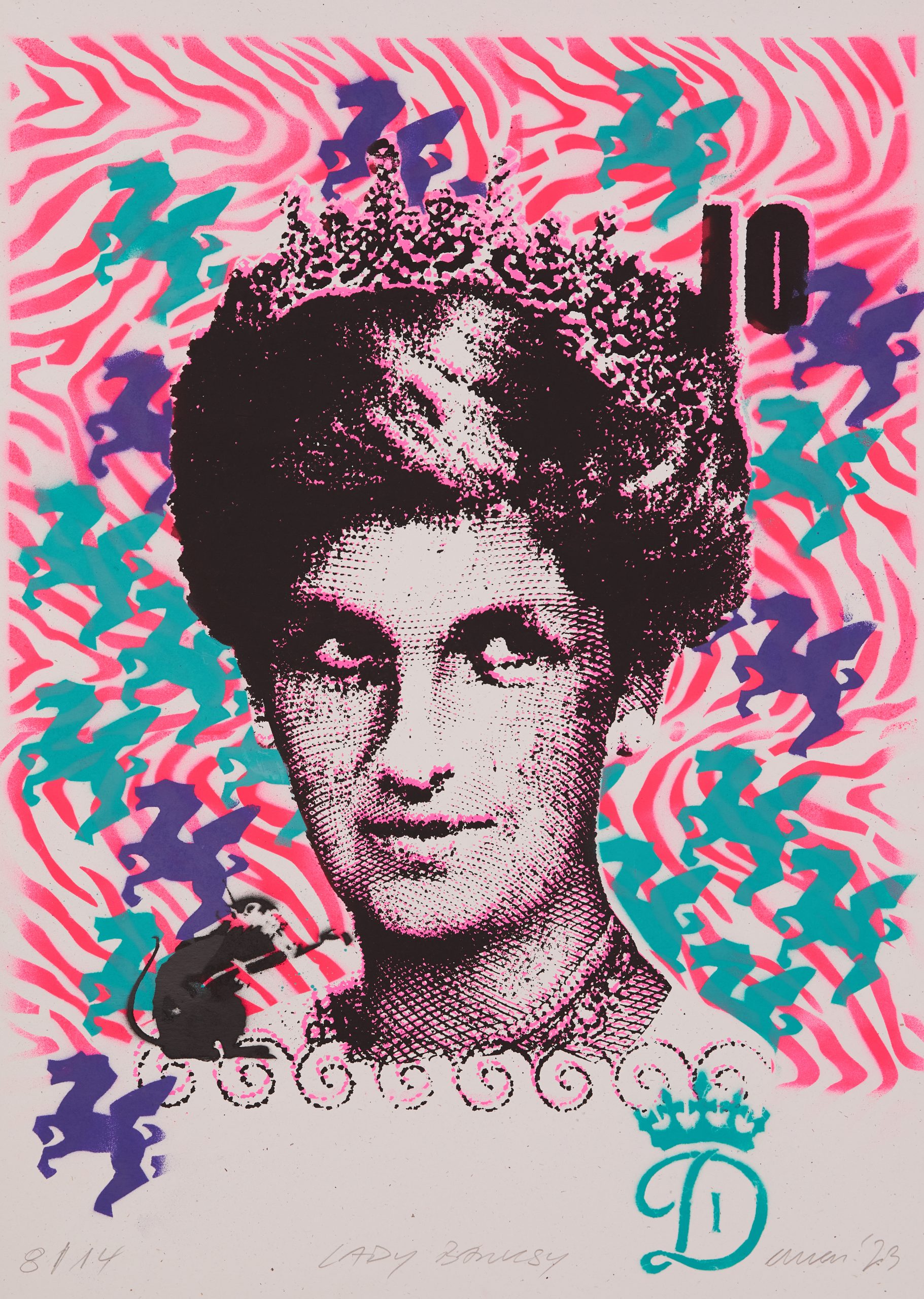 GLS-EMESS-MTM Lady Banksy Siebdruck & Schablone auf 320 gr recyceltem Papier, Edition: 14 serielle Unikate
