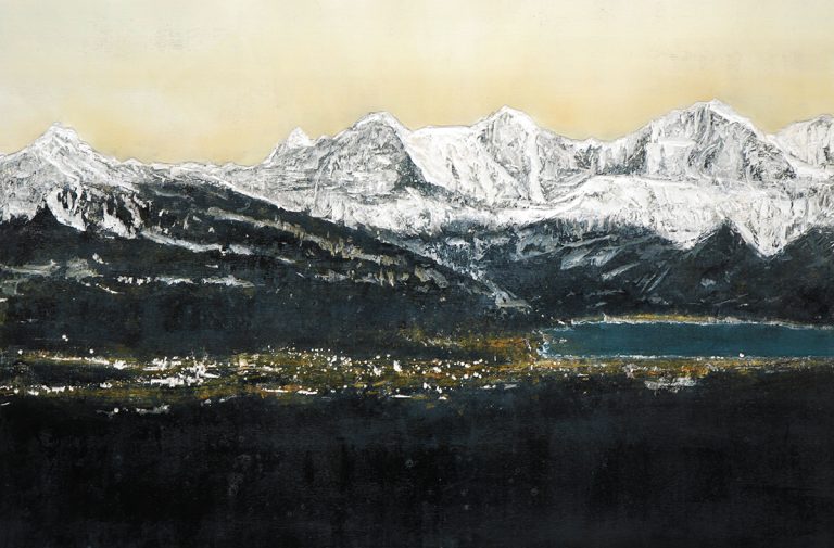 Armin Weinbrenner Unikat auf Holz Abendlicht Thunersee, Eiger Mönch Jungfrau 130x86cm 4.100,-