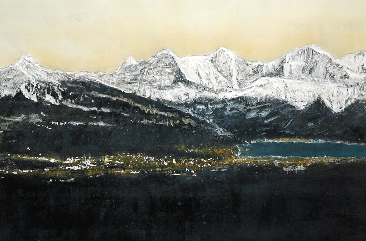 Armin Weinbrenner Unikat auf Holz Abendlicht Thunersee, Eiger Mönch Jungfrau 130x86cm 4.100,-