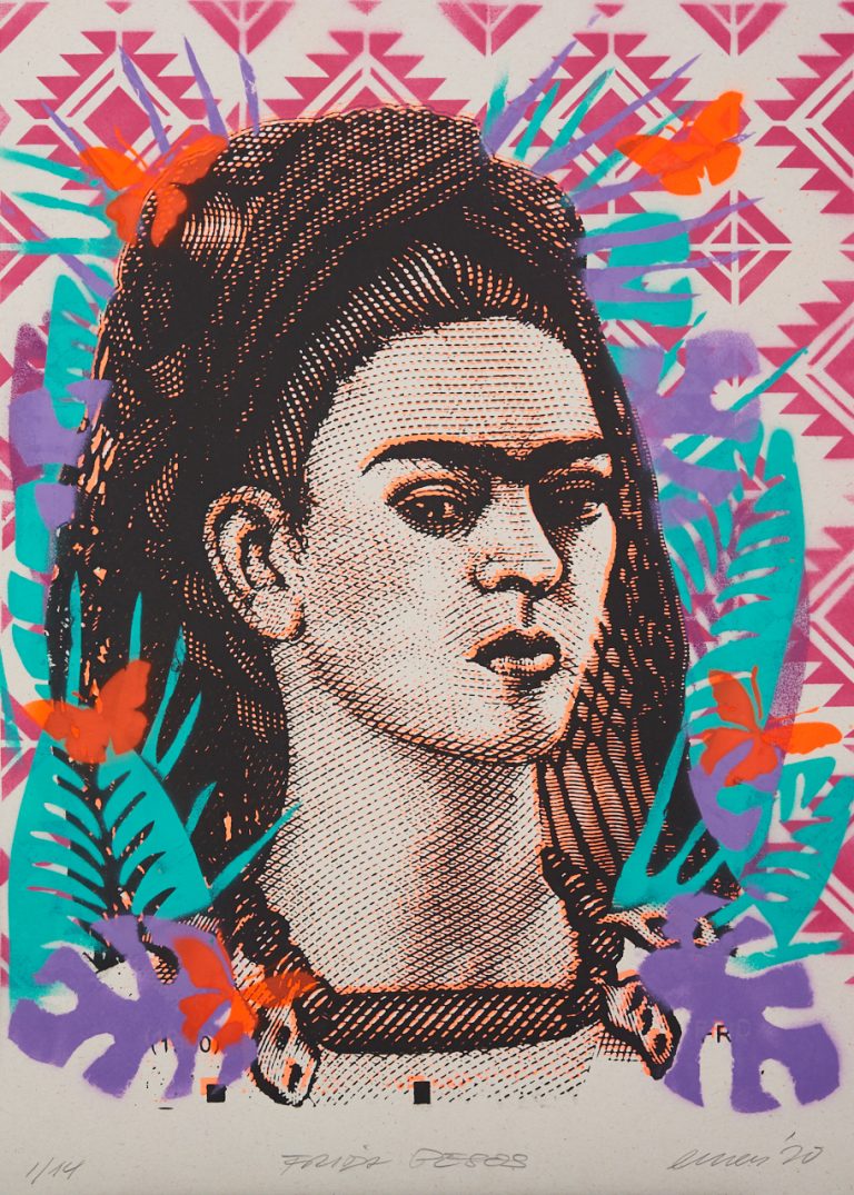 GS EMESS MTM Frieda-Kahlo, Siebdruck & Schablone auf 320 gr recyceltem Papier, Edition: 14 serielle Unikate