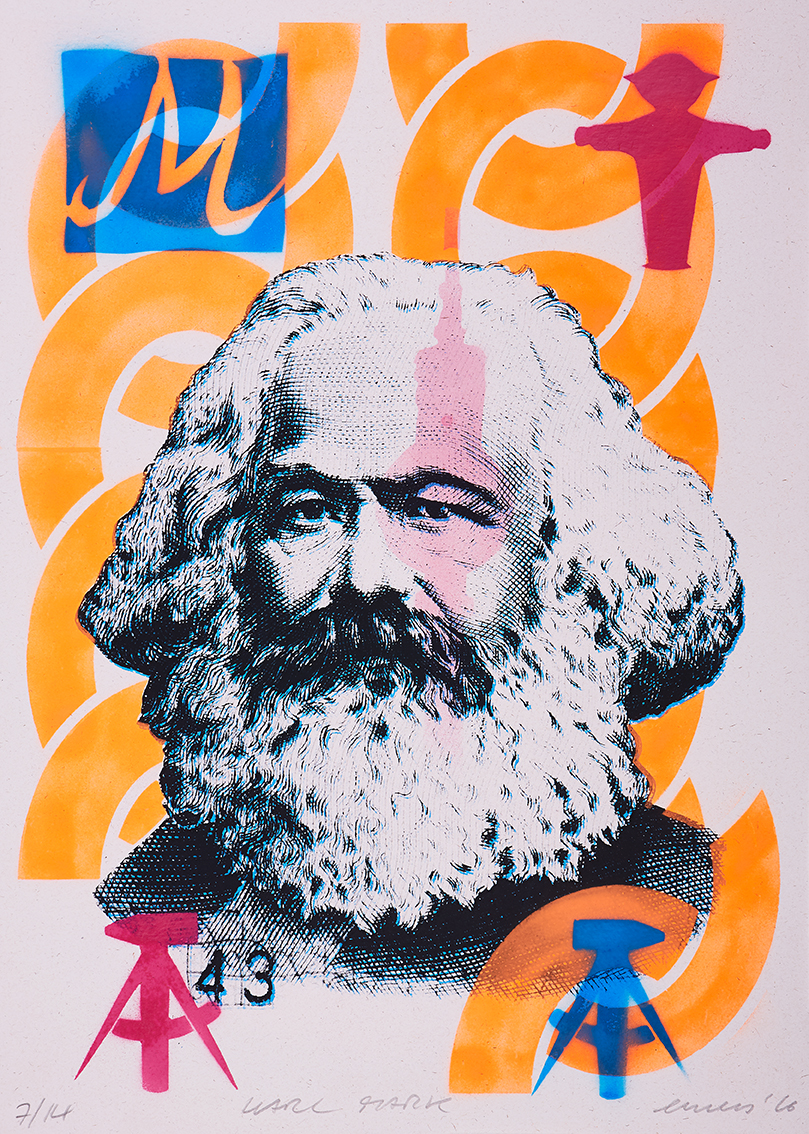 GS EMESS MTM Karl Marx, Siebdruck & Schablone auf 320 gr recyceltem Papier, Edition: 14 serielle Unikate