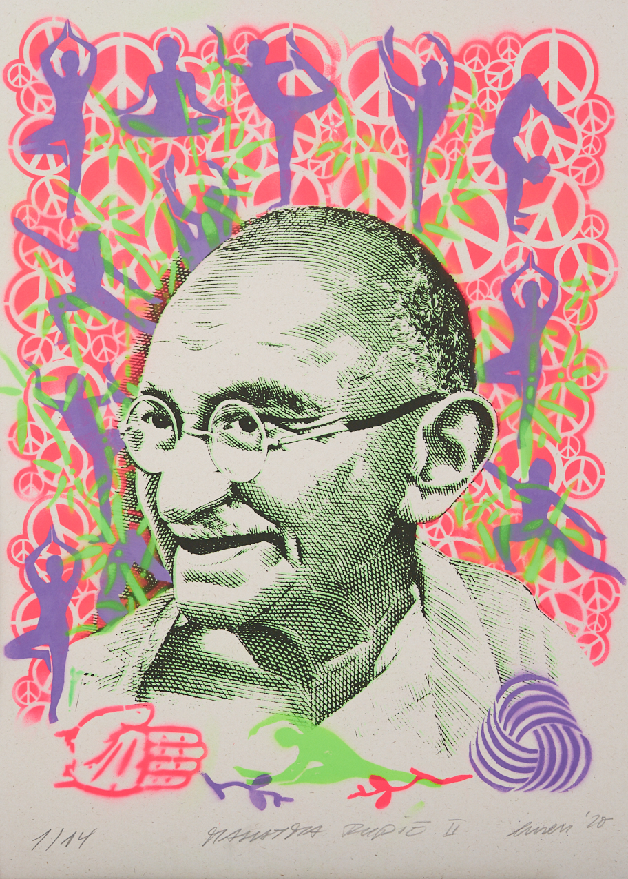GS EMESS MTM Mahatma Ghandi, Siebdruck & Schablone auf 320 gr recyceltem Papier, Edition: 14 serielle Unikate