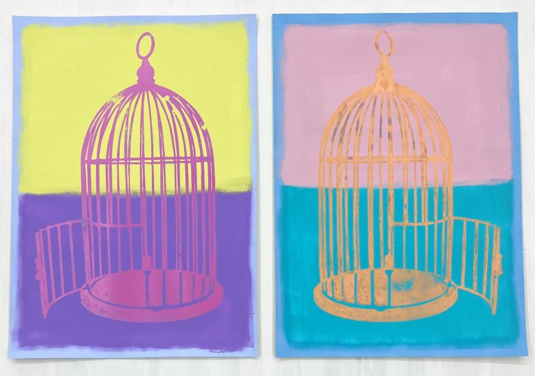 Galerie Schemm, EMESS COLOURFIELDS “Cage 2", 2022, Acrylic, Schablone & Spraypaint, auf 150 gr Karton, 70 x 50 cm