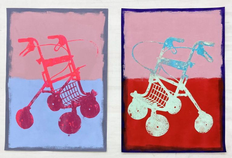 Galerie Schemm, EMESS COLOURFIELDS “Rollator 1", 2022, Acrylic, Schablone & Spraypaint, auf 150 gr Karton, 70 x 50 cm