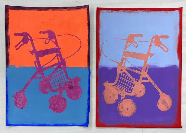 Galerie Schemm, EMESS COLOURFIELDS “Rollator 2", 2022, Acrylic, Schablone & Spraypaint, auf 150 gr Karton, 70 x 50 cm