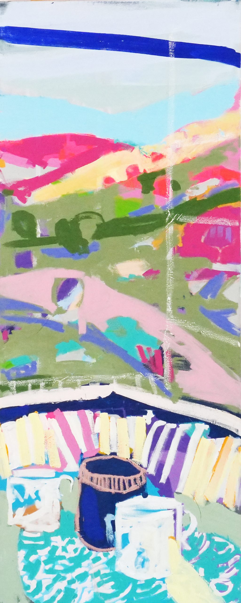 Ruhe und Tal in Sicht Grün gestreift im Wind (2025), 200x80cm, Mischtechnikauf Leinwand_web