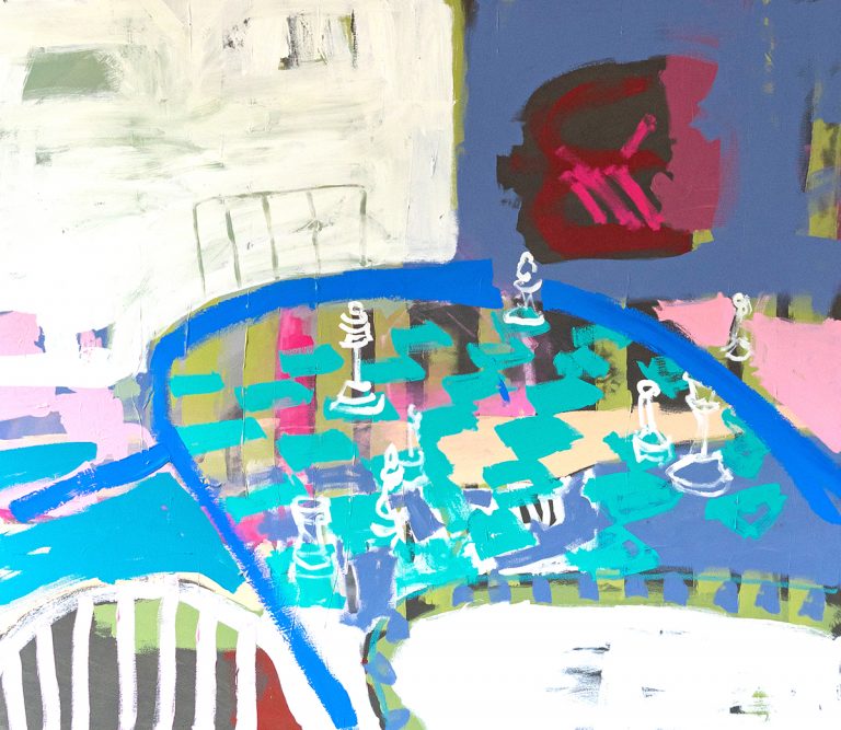 Schach mit Vogel (2023), 140 x 160 cm, Mischtechnik auf Leinwand_web