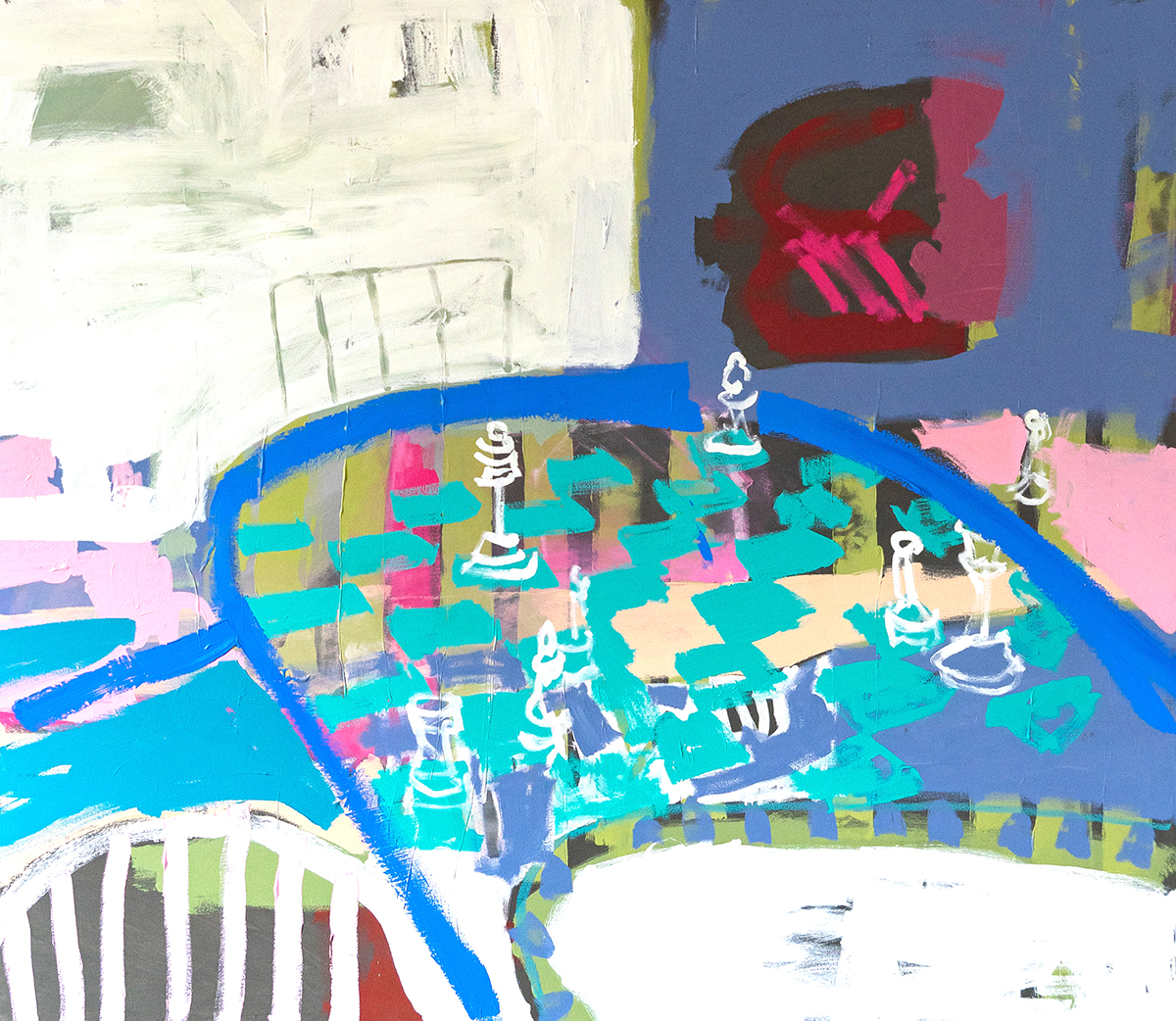 Schach mit Vogel (2023), 140 x 160 cm, Mischtechnik auf Leinwand_web