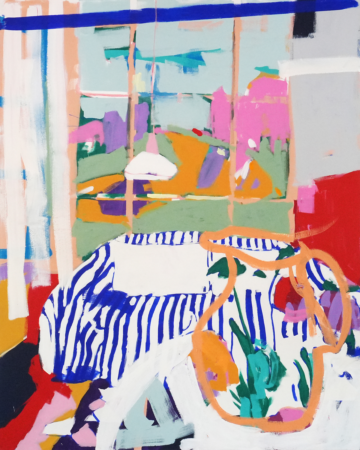 Sofa gestreift mit geblümtem Krug (2025) Mischtechnik auf Leinwand, 200x160cm _web