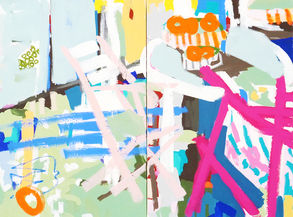 Terrassengespräch(2025), 90x120cm - Diptychon, Mischtechnik auf Leinwand Zusammen_web